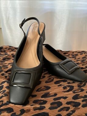 Alfani Step Flex Elegant Black Square-Buckle Slingback Mules